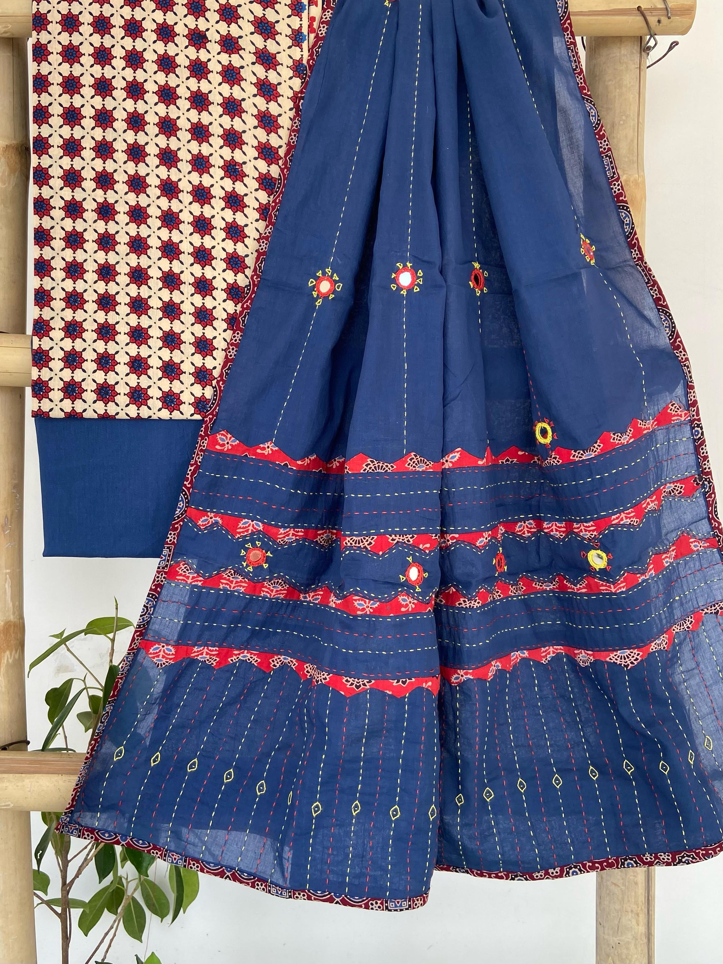 Beige Aplique, Kantha and Mirror work Blue Dupatta Suit