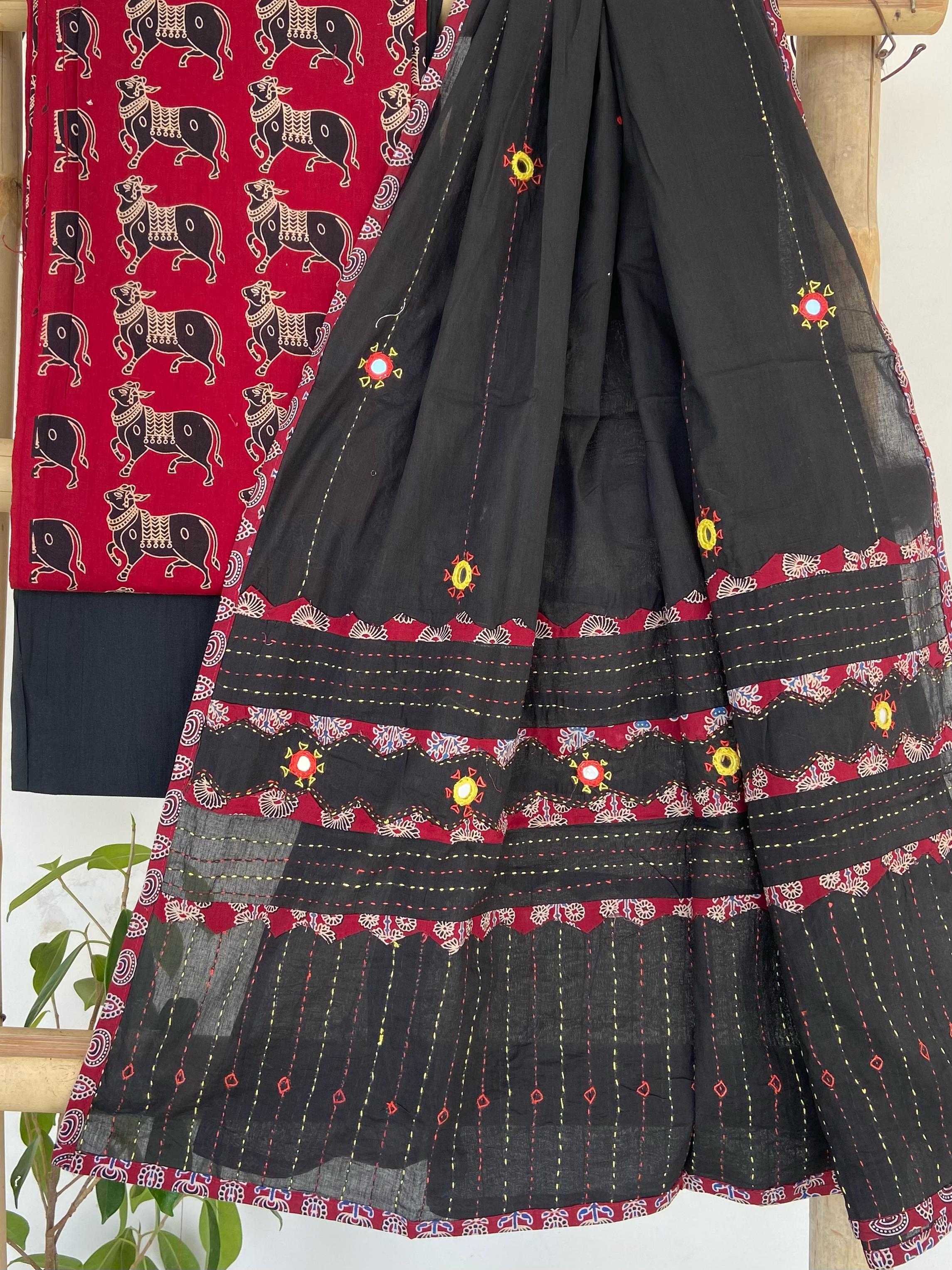 Mehroon Aplique, Kantha and Mirror-work Black Dupatta Suit