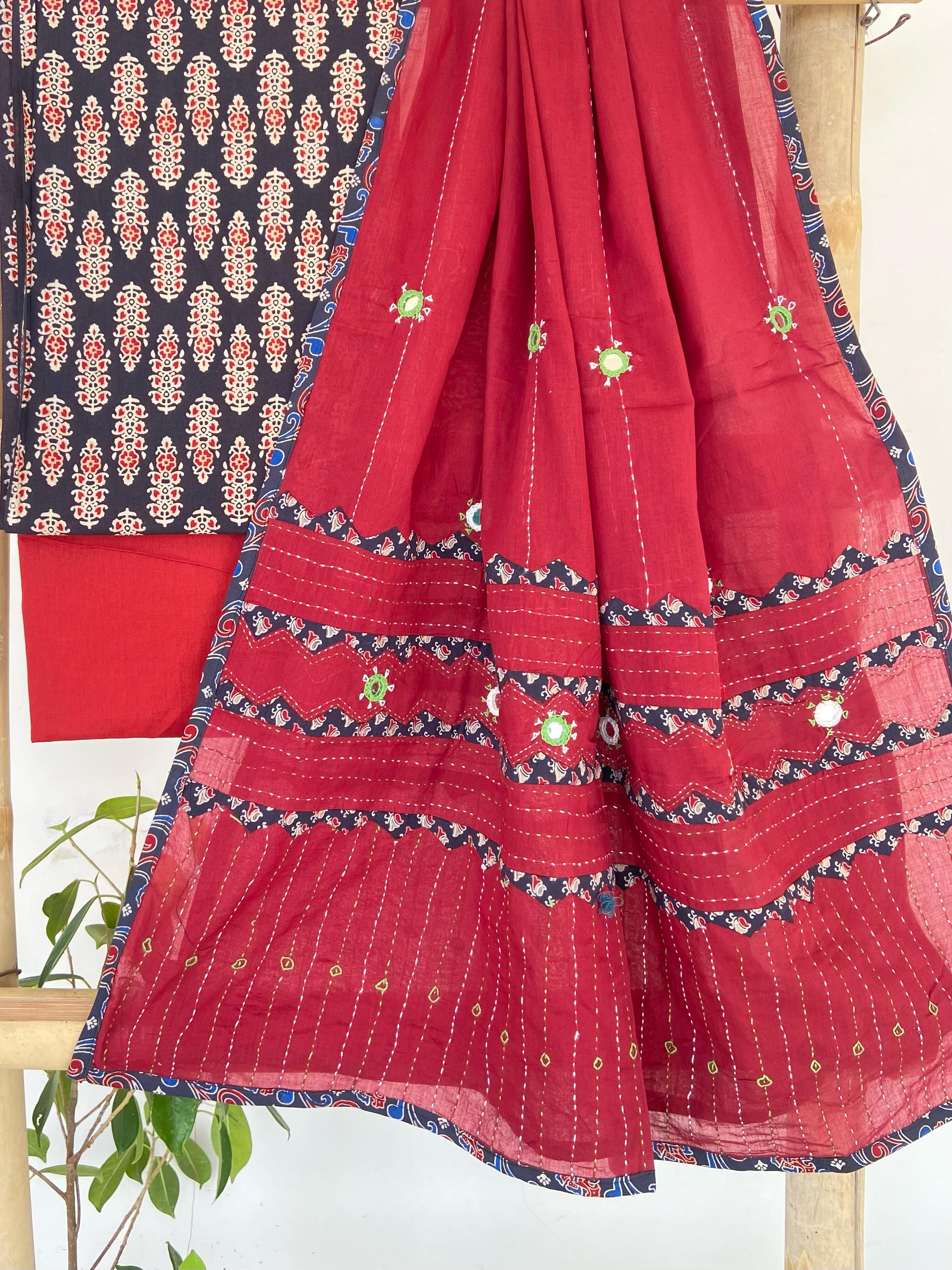 Black Aplique, Kantha and Mirror-work Red Dupatta Suit