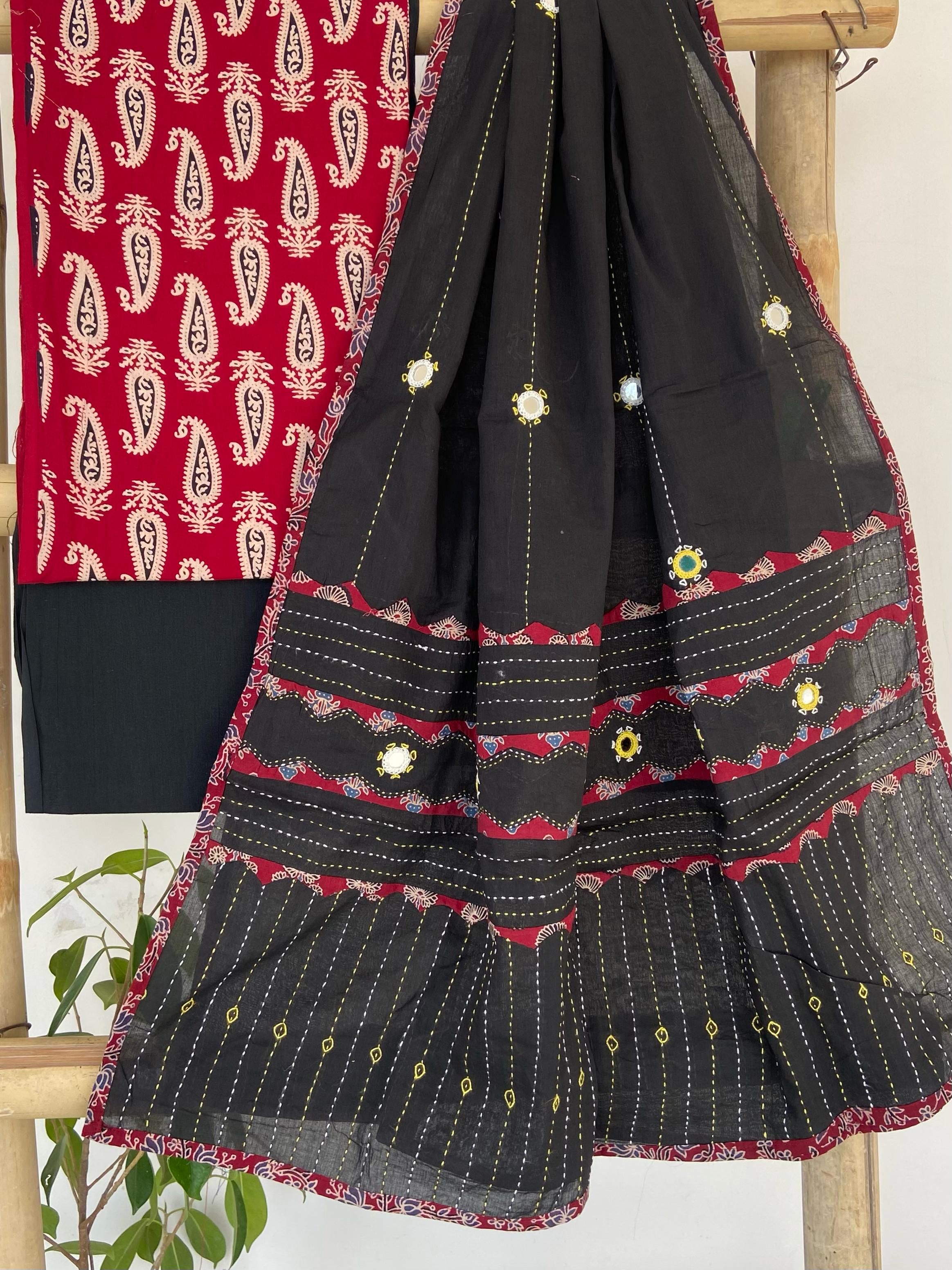 Red Aplique, Kantha and Mirror-work Black Dupatta Suit