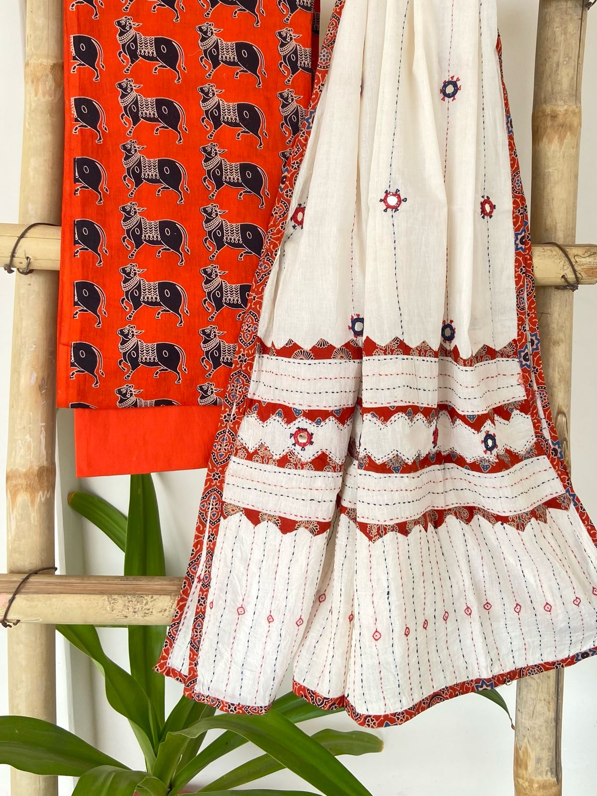 Orange Aplique, Kantha and Mirror-work Dupatta Suit