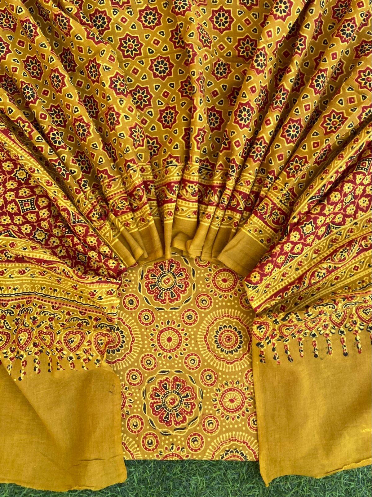 Yellow Cotton Hand-block Print Natural Dyed Ajrakh Suits