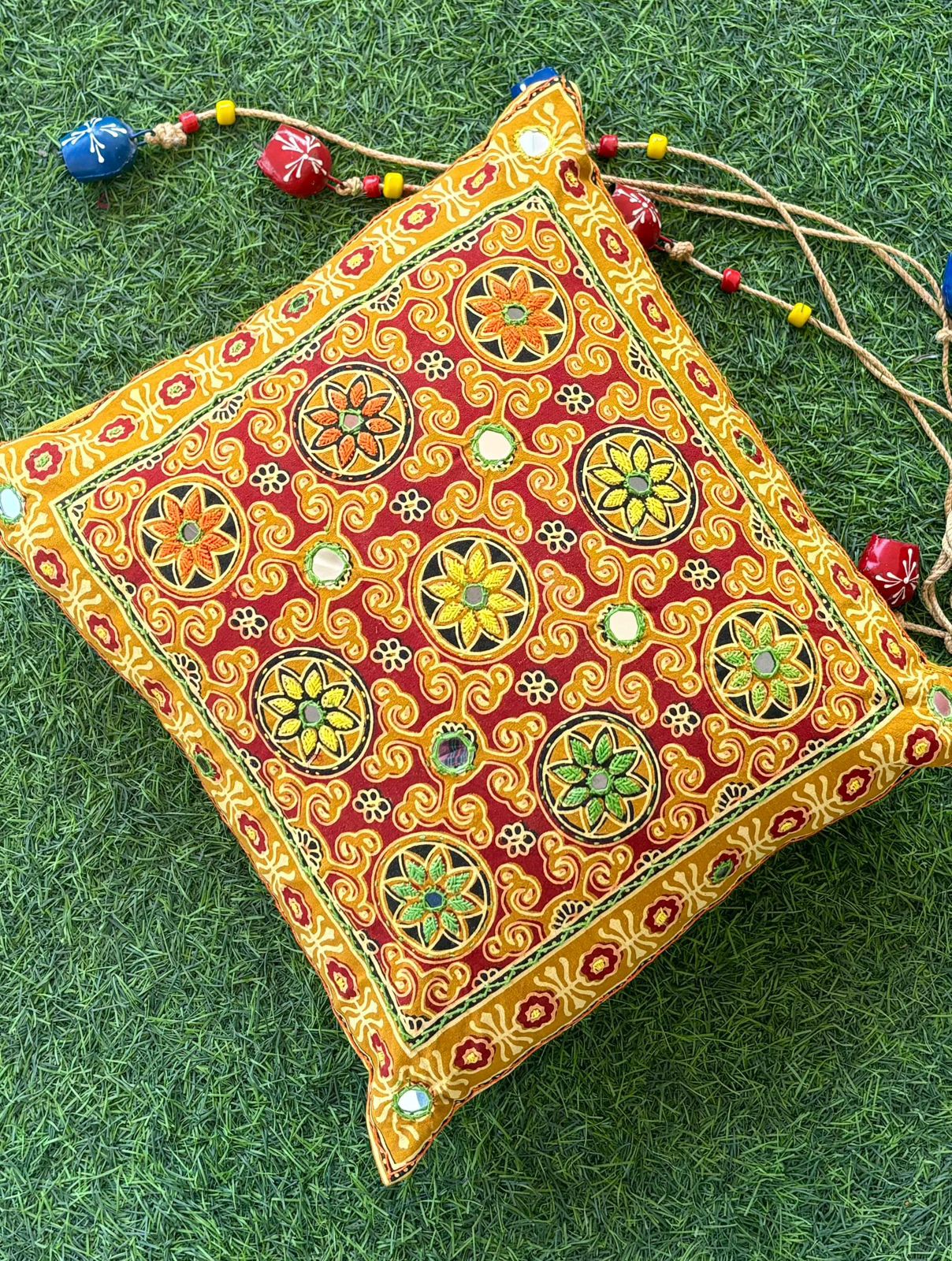 Yellow Ajrakh Printed Cushion Cover