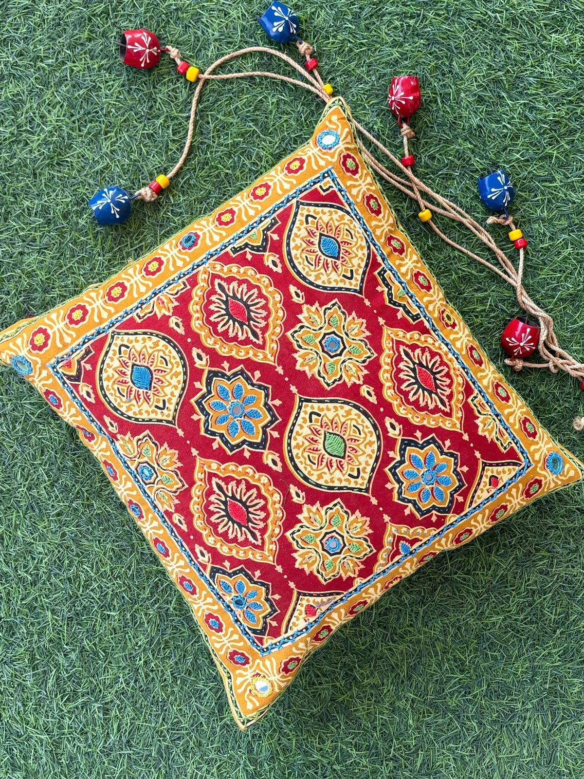 Red-yellow Ajrakh Printed Cushion Cover
