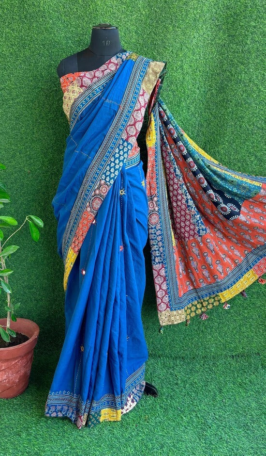 Blue Mul Saree With Patch Mirror Work