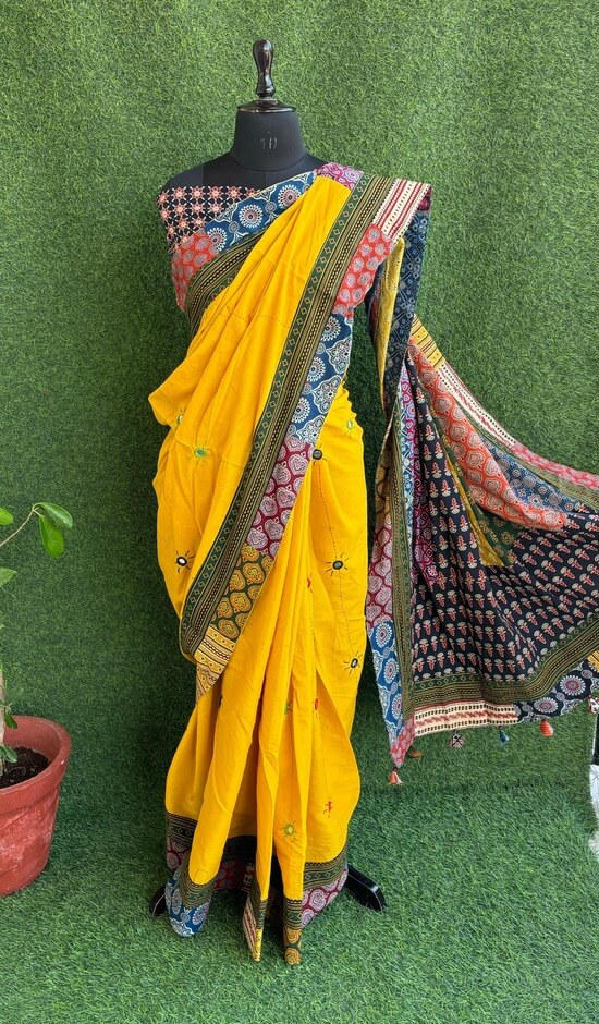 Yellow Mul Saree With Patch Mirror Work