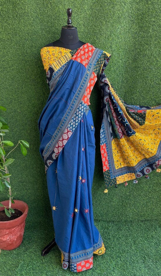 Blue Mul Saree With Patch Mirror Work