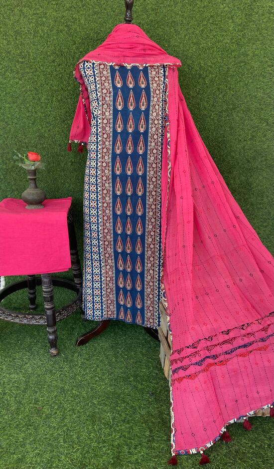 Blue Ajrakh print panel Suit pcs with Pink kantha work mul dupatta