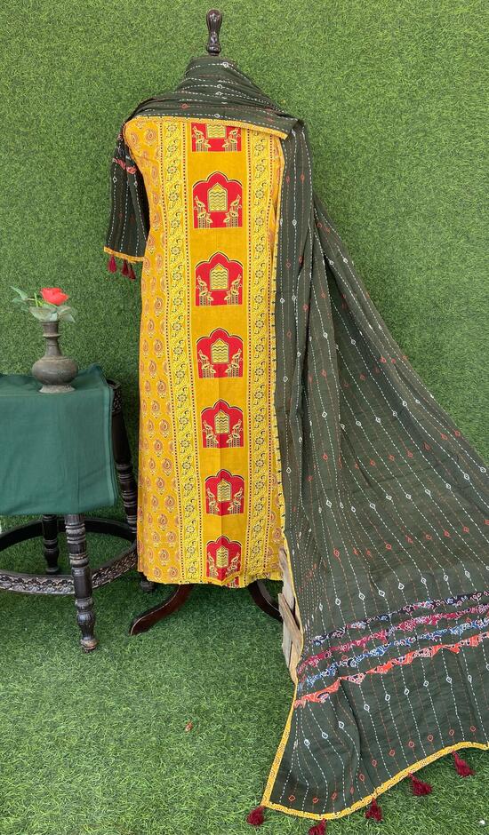 Kesari Yellow Ajrakh print panel Suit pcs with green kantha work mul dupatta