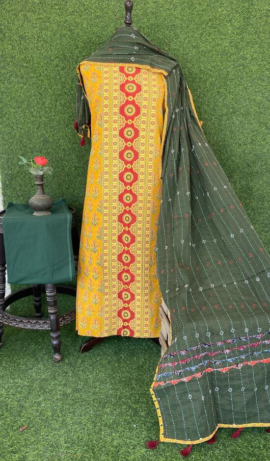 Yellow Ajrakh print panel Suit pcs with green kantha work mul dupatta