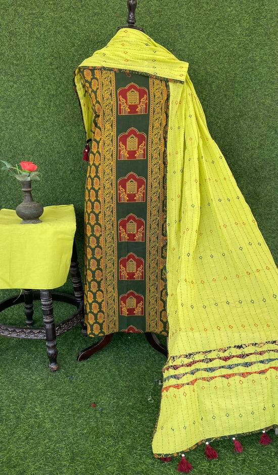 Green Ajrakh print panel Suit pcs with mustard green kantha work mul dupatta