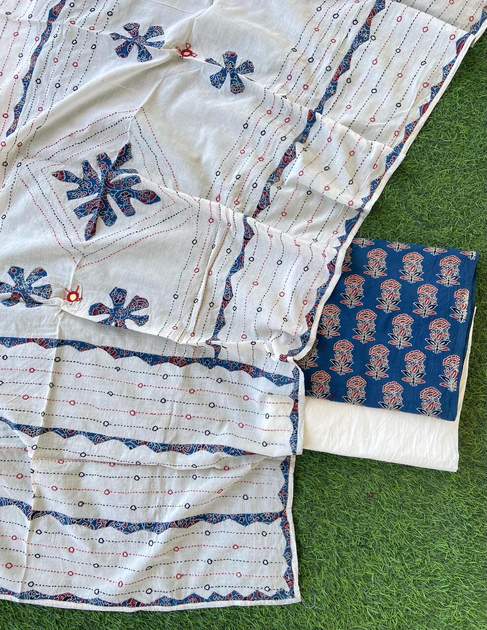 Ajrakh Print Suit With Applique & Mirror Work Dupatta.