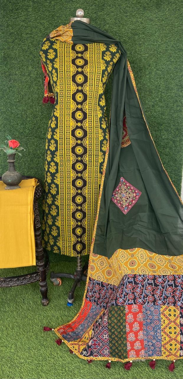 Ajrakh print suit pcs with patch work dupatta