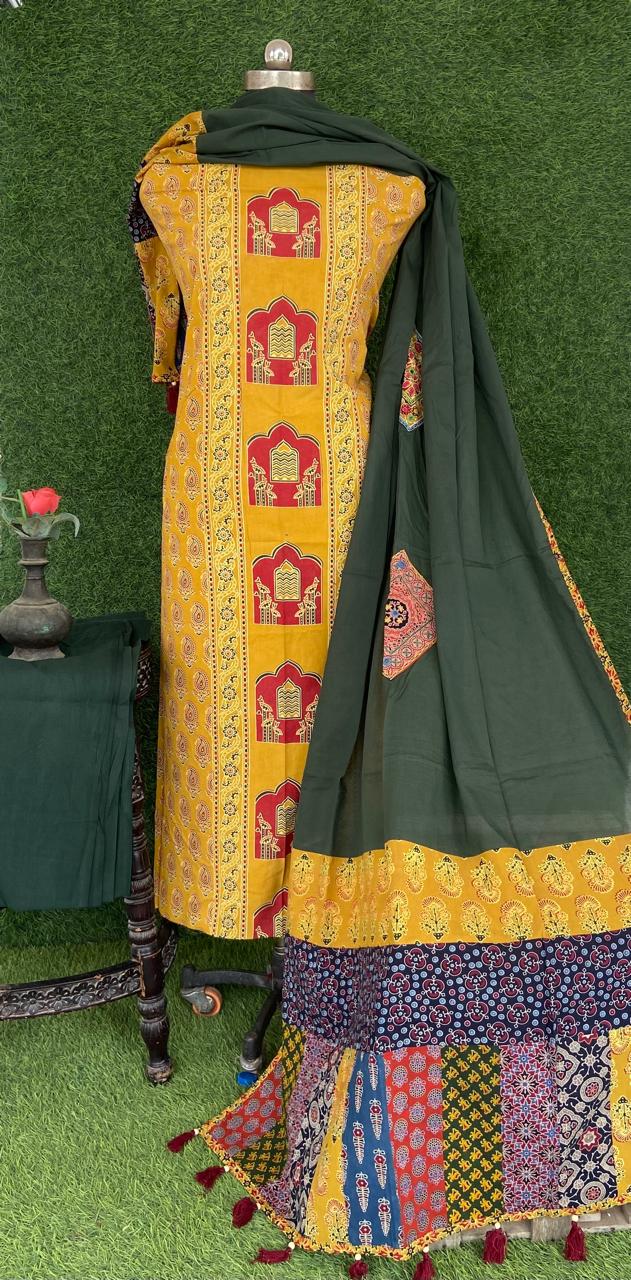 Ajrakh print suit pcs with patch work dupatta