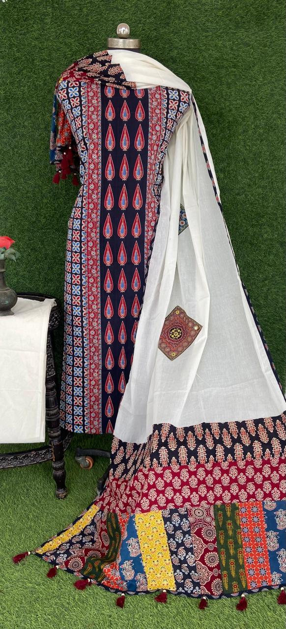 RFSS1814 - Embroidered Cotton Neck Ajrakh Print Full Suit Set With Dupatta main image 1