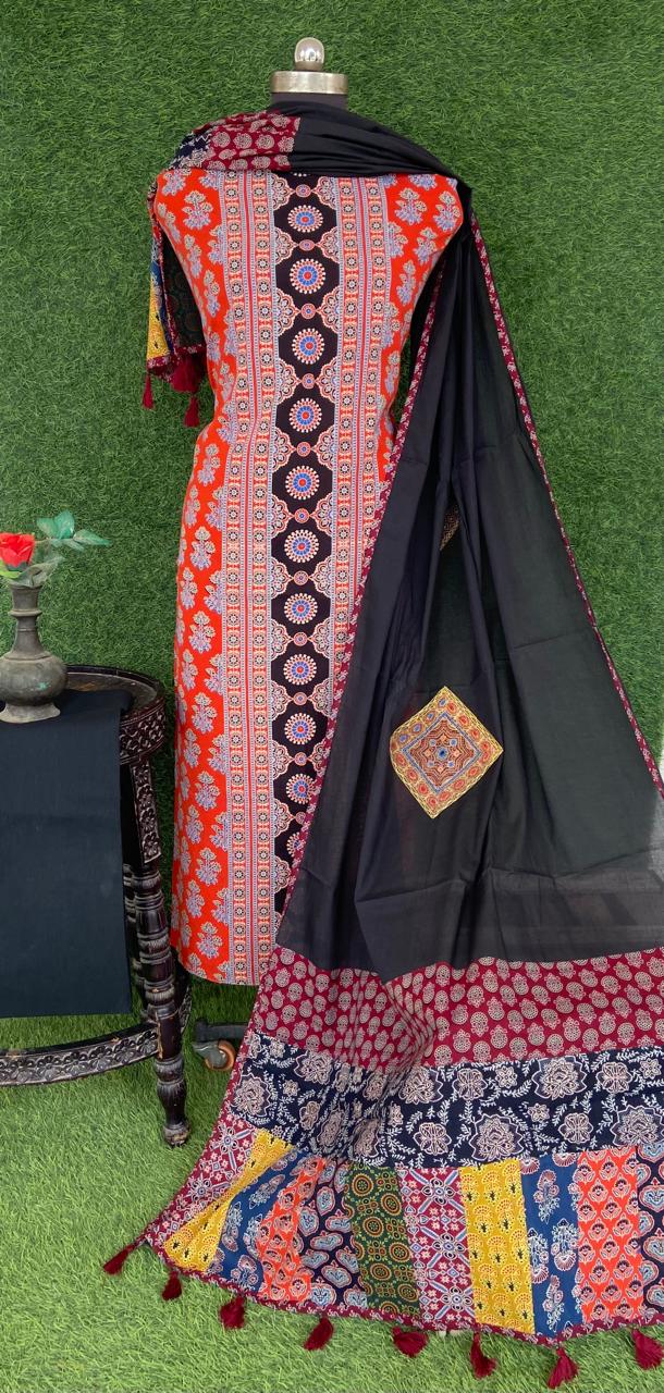 Ajrakh print suit pcs with patch work dupatta