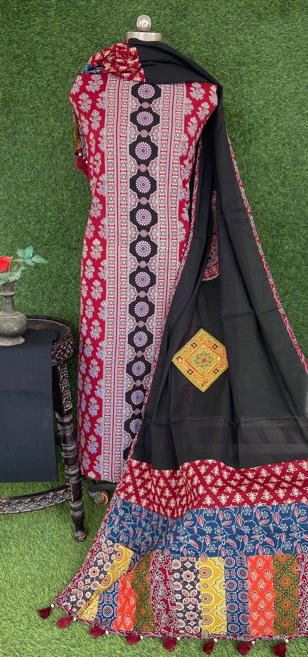 Ajrakh print suit pcs with patch work dupatta