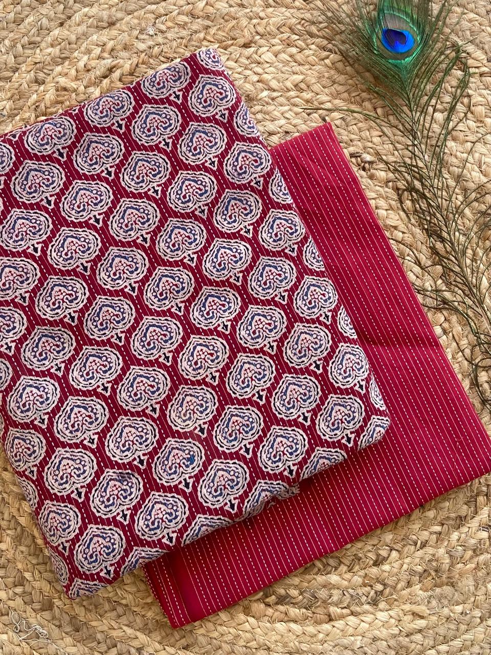 Kantha fabric Ajrakh print top and bottom combo