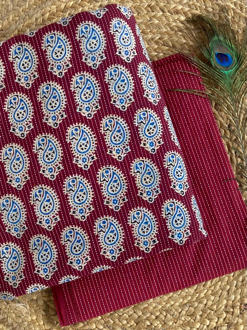 Kantha fabric Ajrakh print top and bottom combo