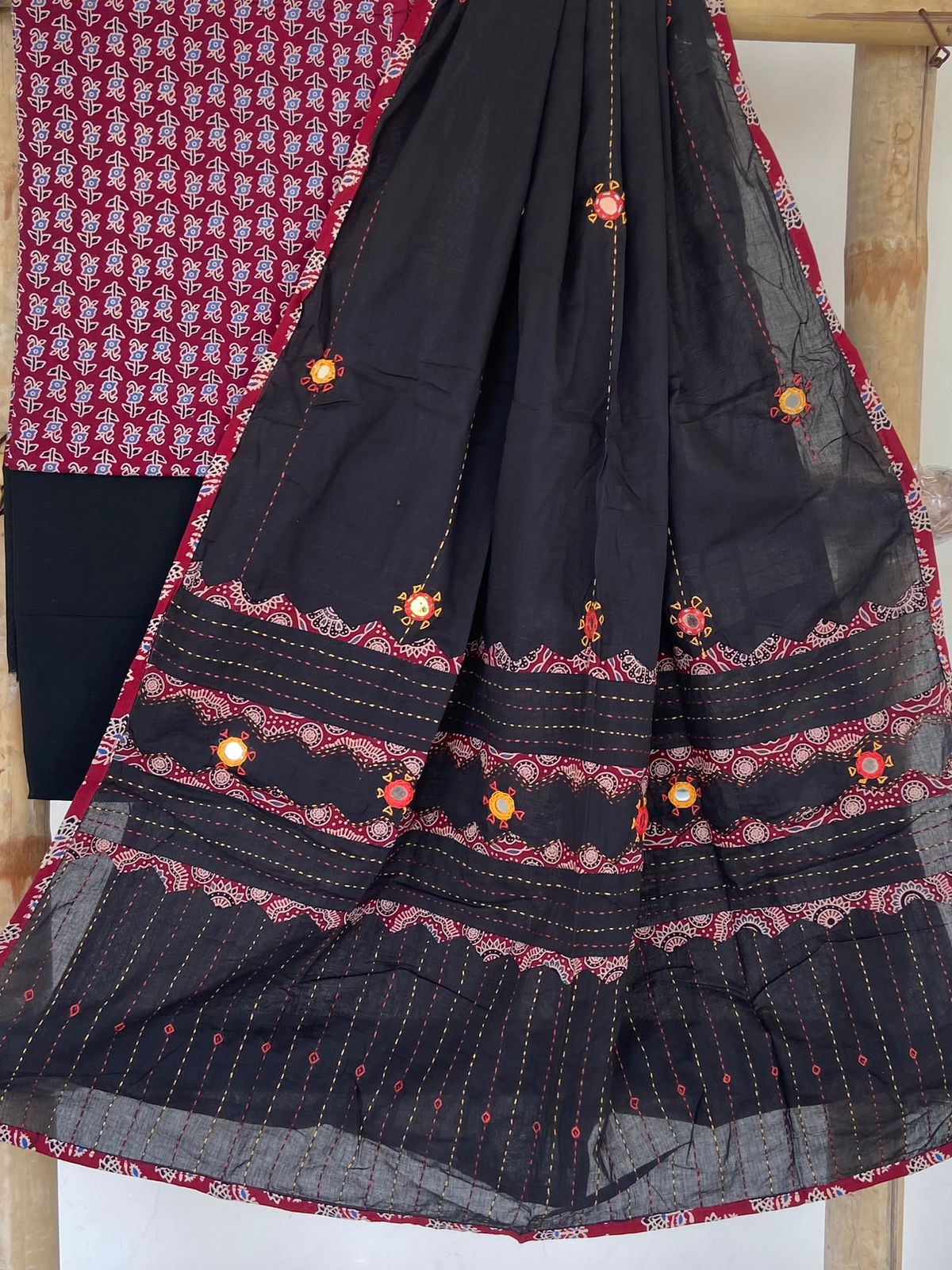 Ajrakh Patch and Mirror-work Dupatta Suit