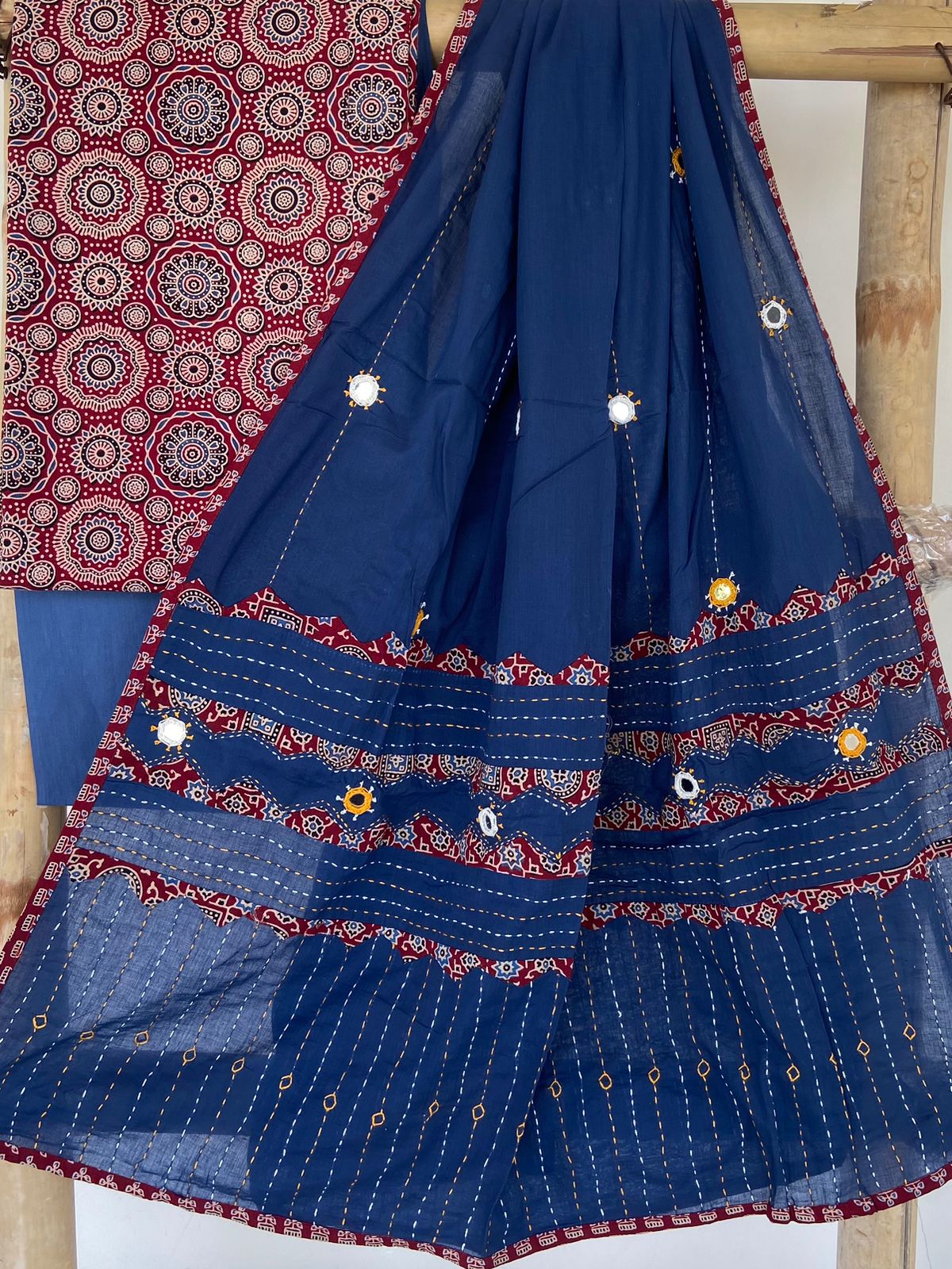 Ajrakh Patch and Mirror-work Dupatta Suit