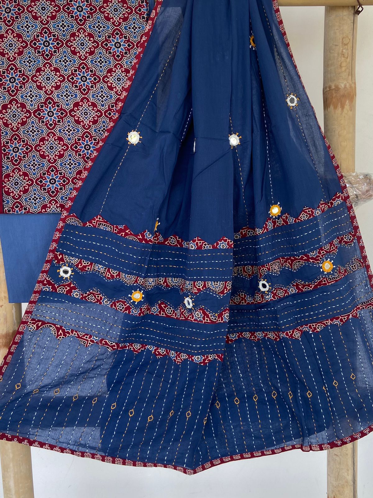 Ajrakh Patch and Mirror-work Dupatta Suit