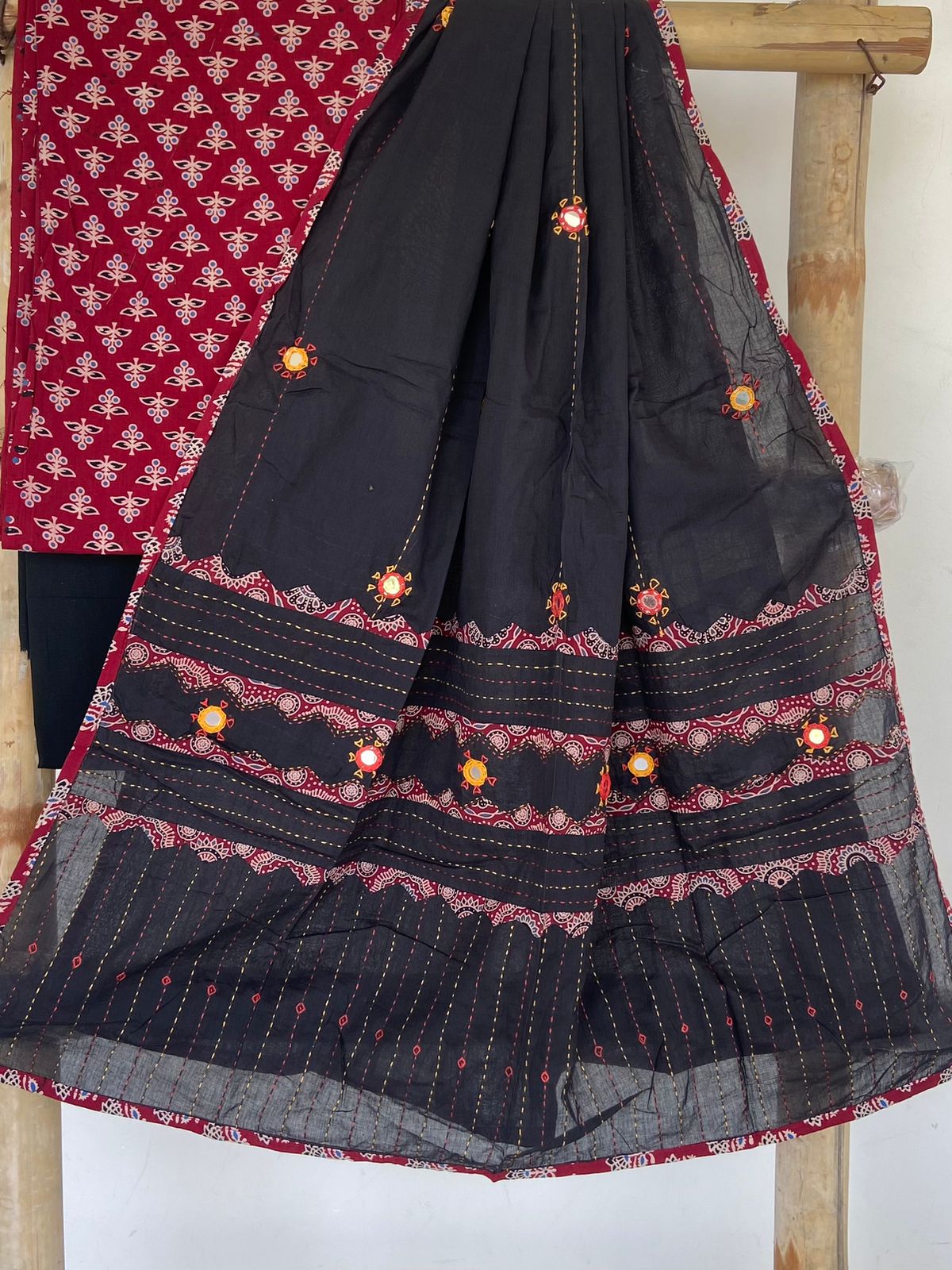 Ajrakh Patch and Mirror-work Dupatta Suit