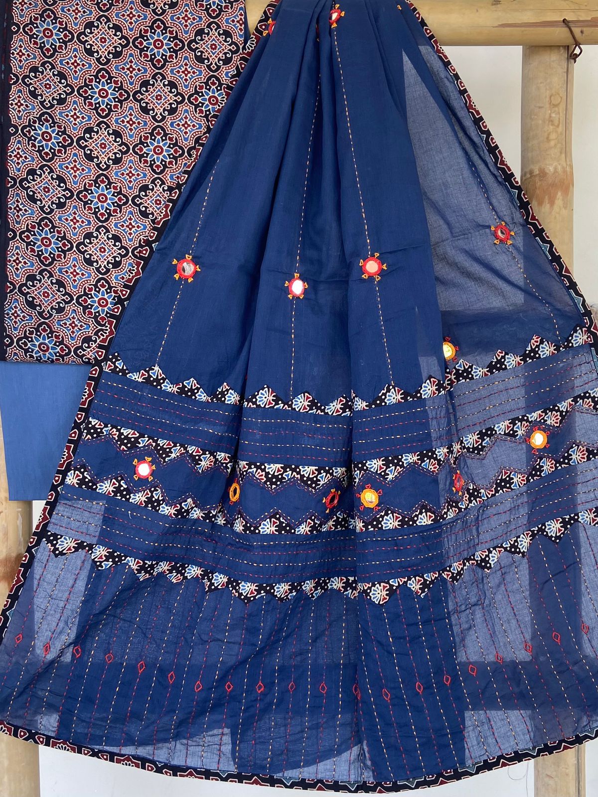 Ajrakh Patch and Mirror-work Dupatta Suit