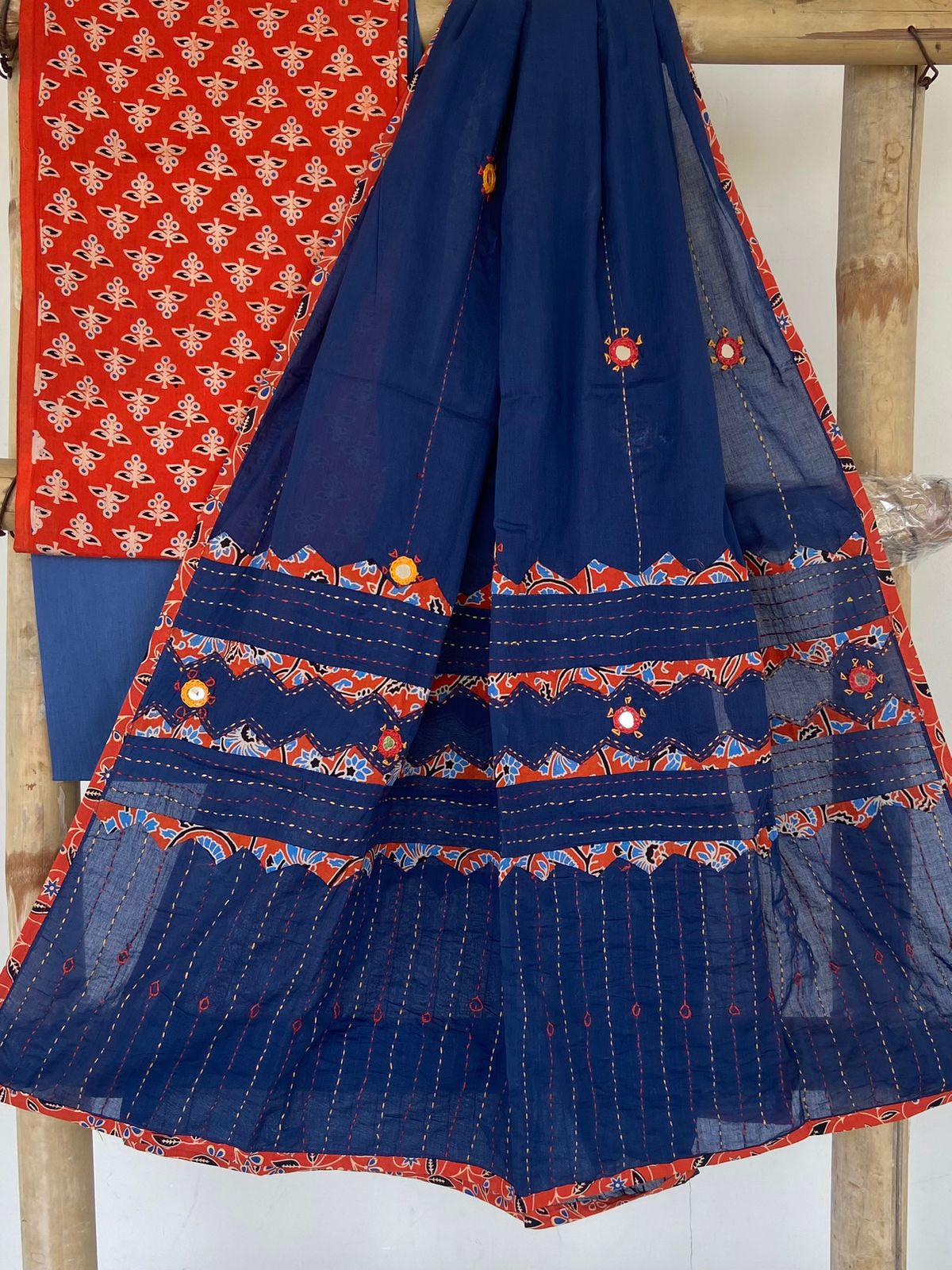 Ajrakh Patch and Mirror-work Dupatta Suit