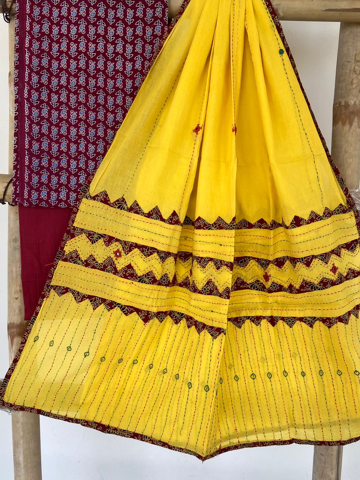 Ajrakh Patch and Mirror-work Dupatta Suit