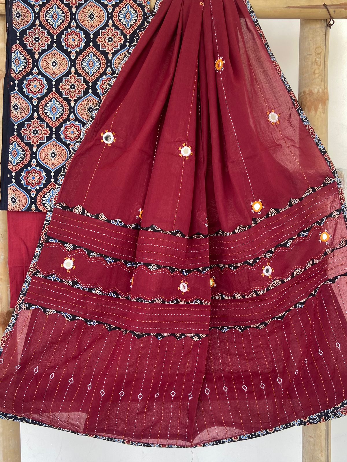 Ajrakh Patch and Mirror-work Dupatta Suit