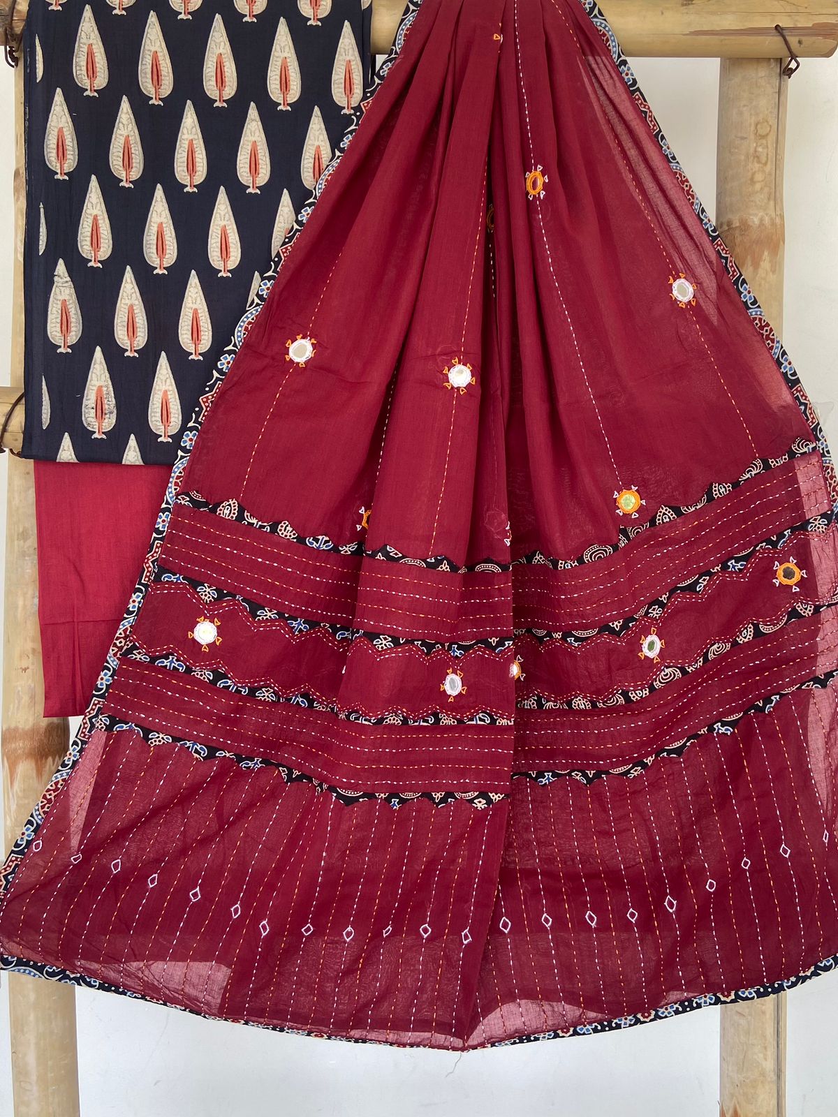 Ajrakh Patch and Mirror-work Dupatta Suit