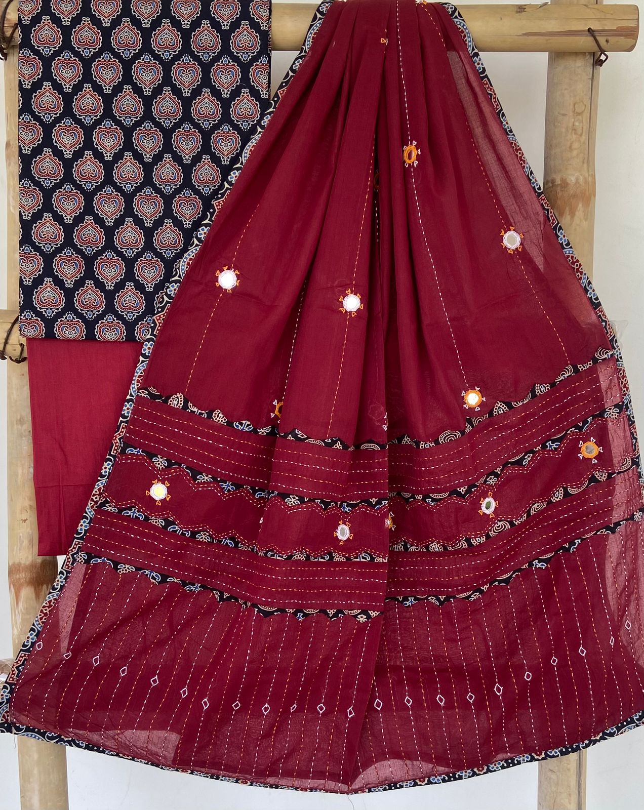 Ajrakh Patch and Mirror-work Dupatta Suit