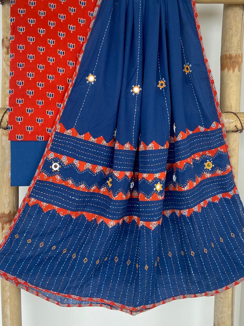 Ajrakh Patch and Mirror-work Dupatta Suit