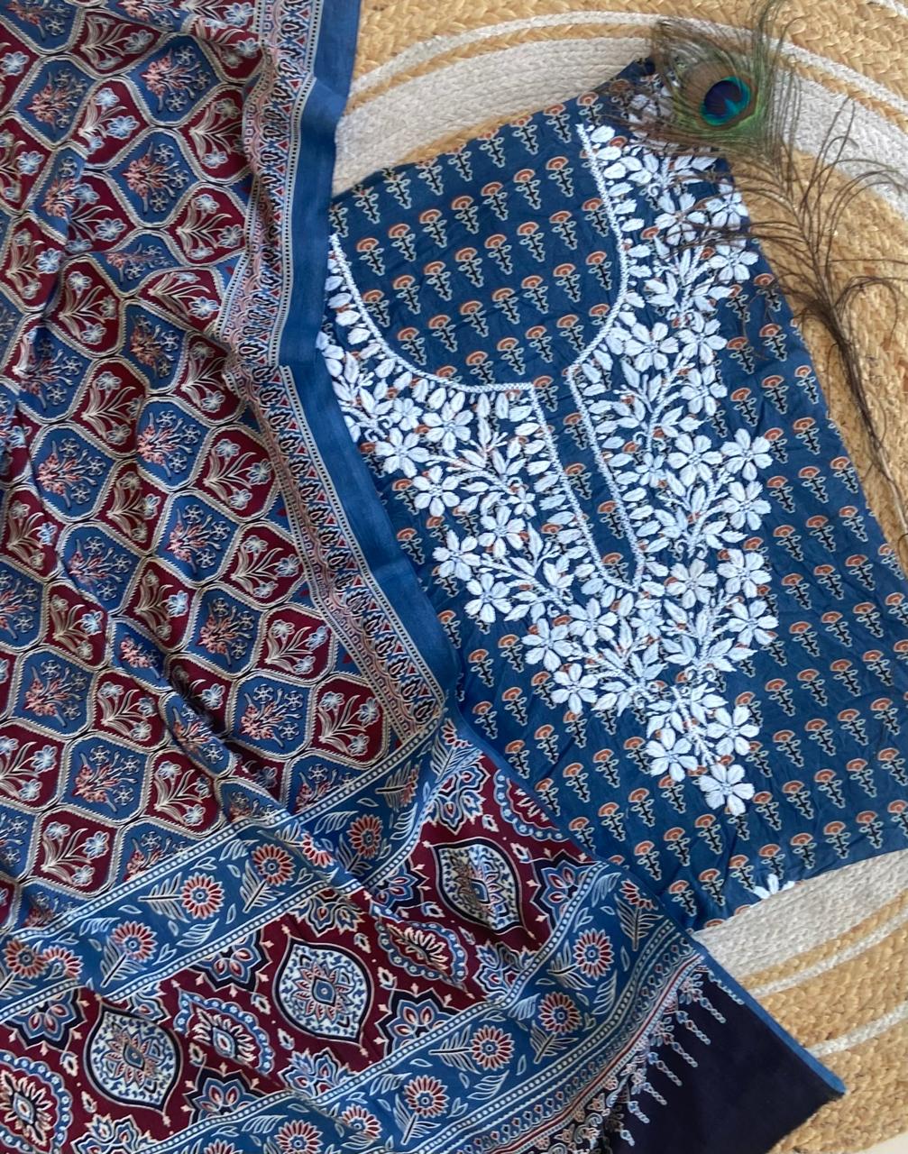 Chikankari Work Ajrakh Dupatta Suit