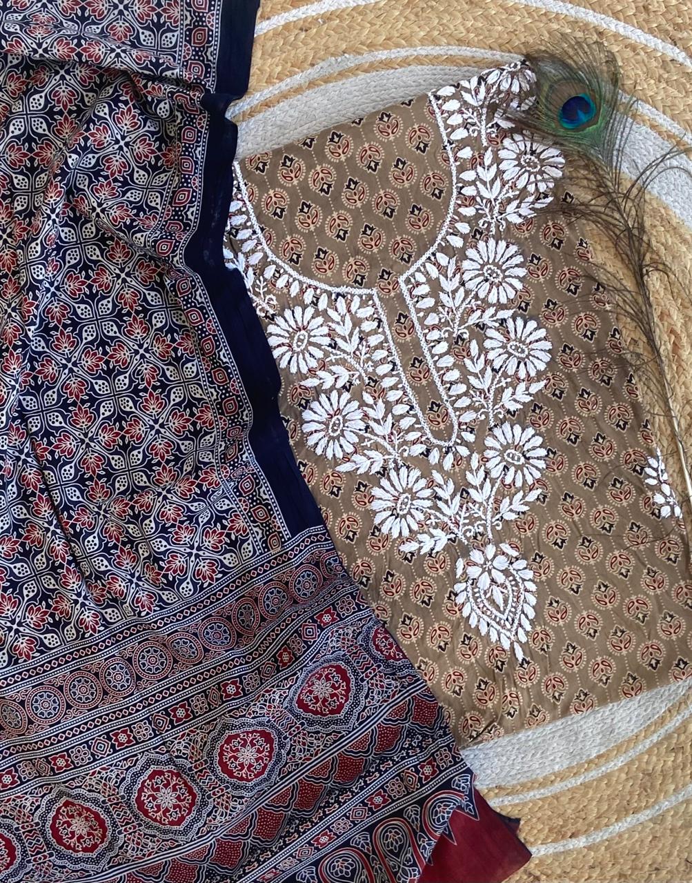 Chikankari Work Ajrakh Dupatta Suit