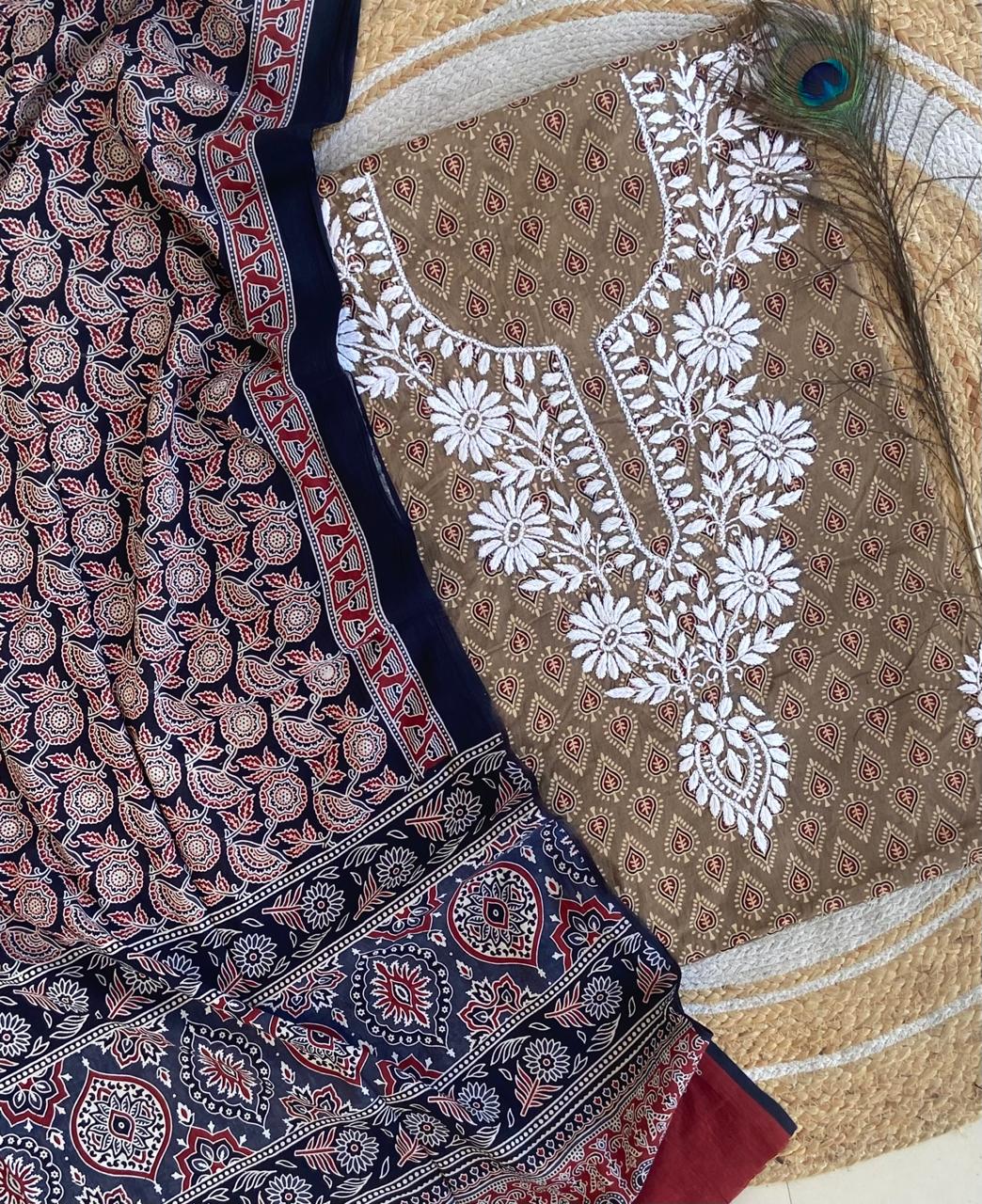 Chikankari Work Ajrakh Dupatta Suit