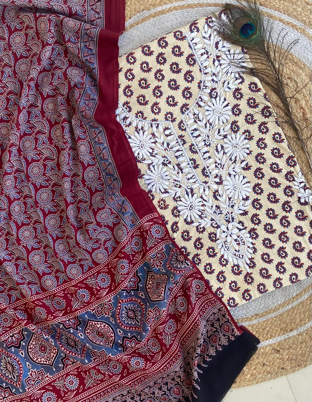 Chikankari Work Ajrakh Dupatta Suit