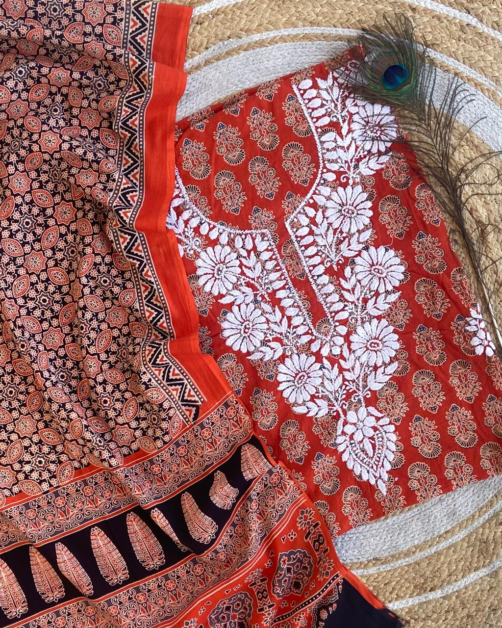 Chikankari Work Ajrakh Dupatta Suit