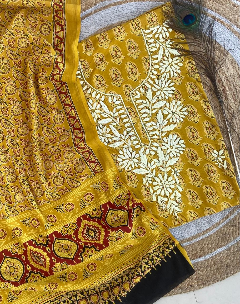 Chikankari Work Ajrakh Dupatta Suit