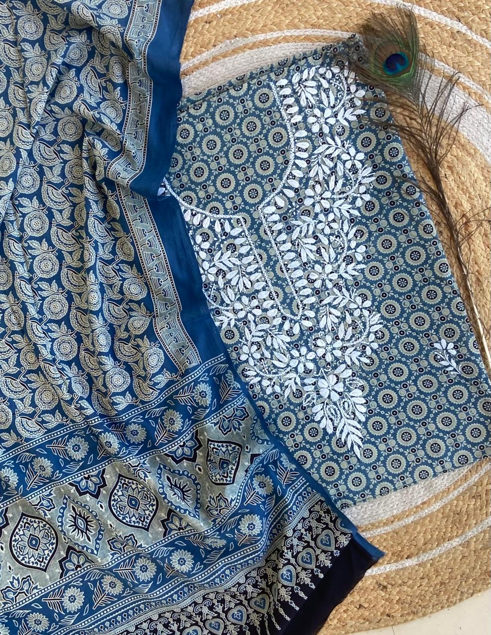 Chikankari Work Ajrakh Dupatta Suit