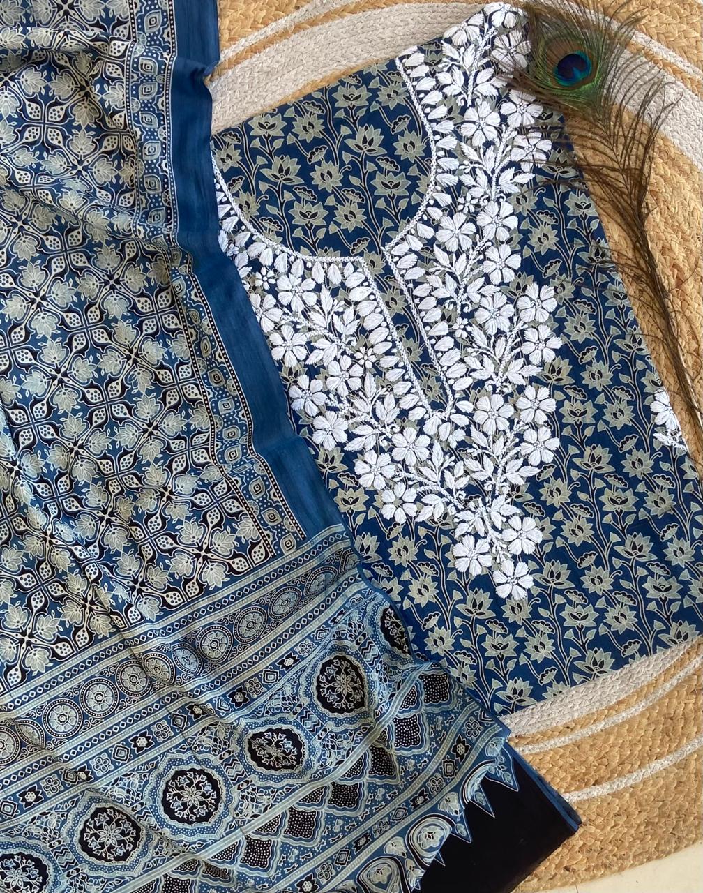 Chikankari Work Ajrakh Dupatta Suit