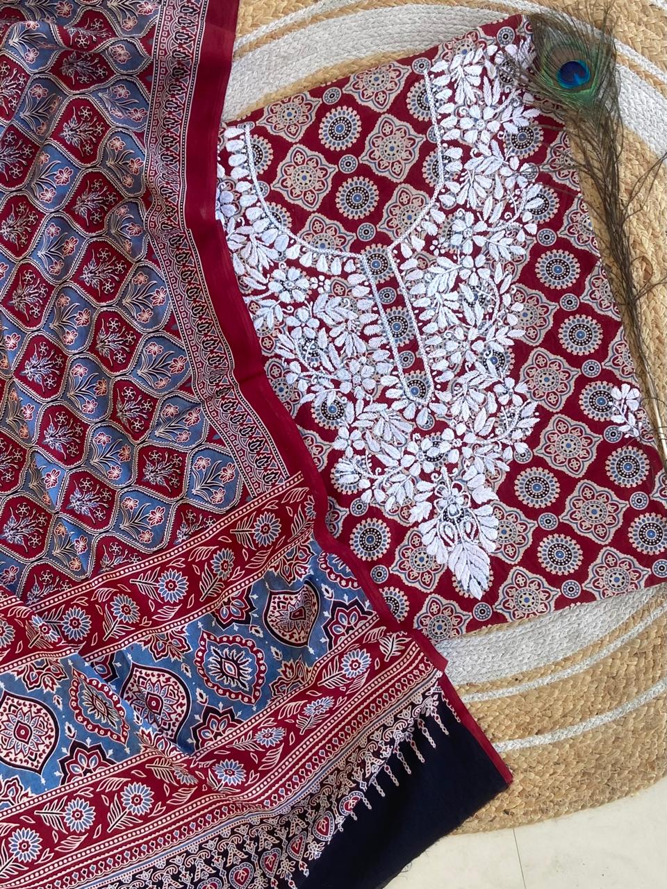 Chikankari Work Ajrakh Dupatta Suit