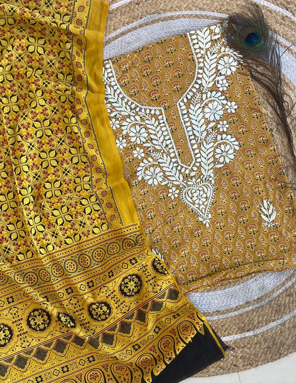 Chikankari Work Ajrakh Dupatta Suit