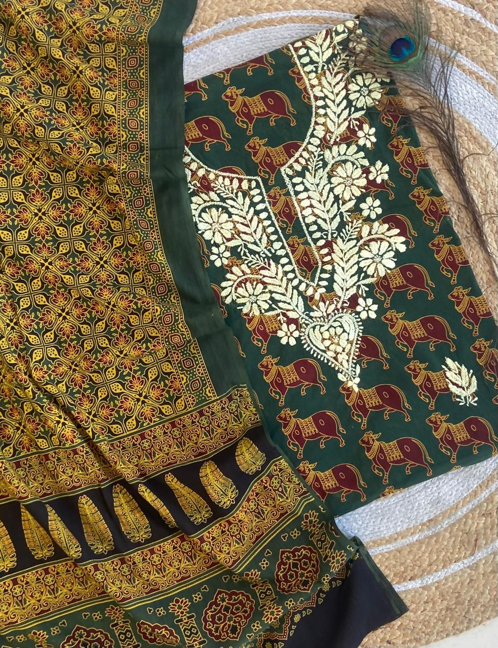 Chikankari Work Ajrakh Dupatta Suit