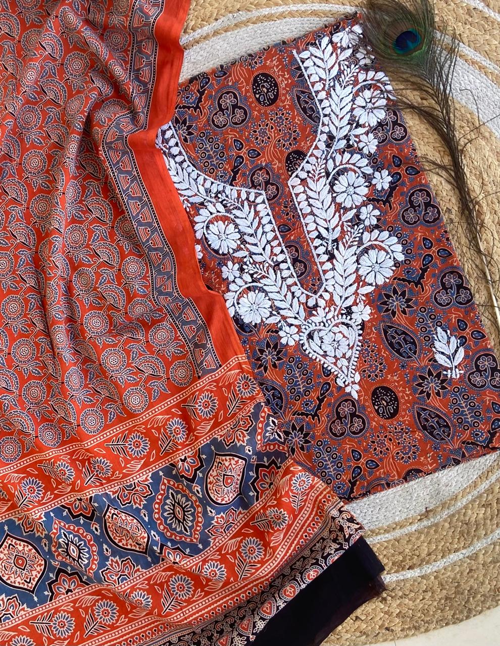 Chikankari Work Ajrakh Dupatta Suit