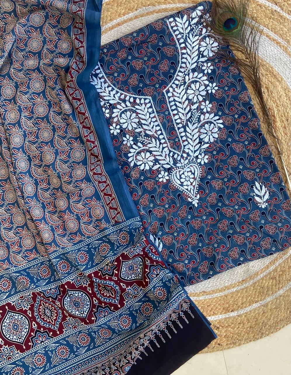 Chikankari Work Ajrakh Dupatta Suit