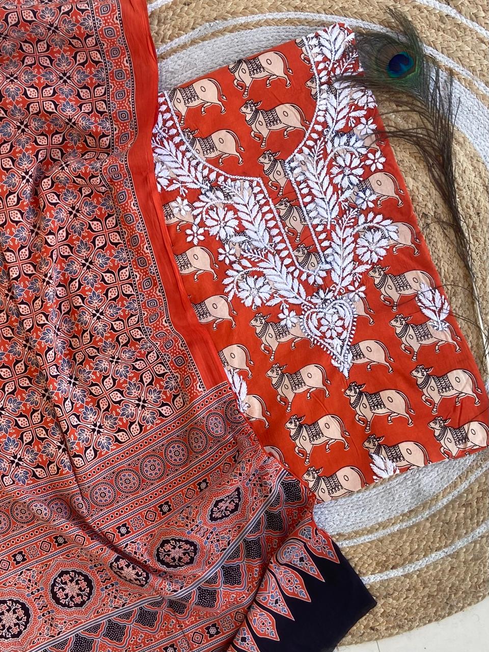 Chikankari Work Ajrakh Dupatta Suit