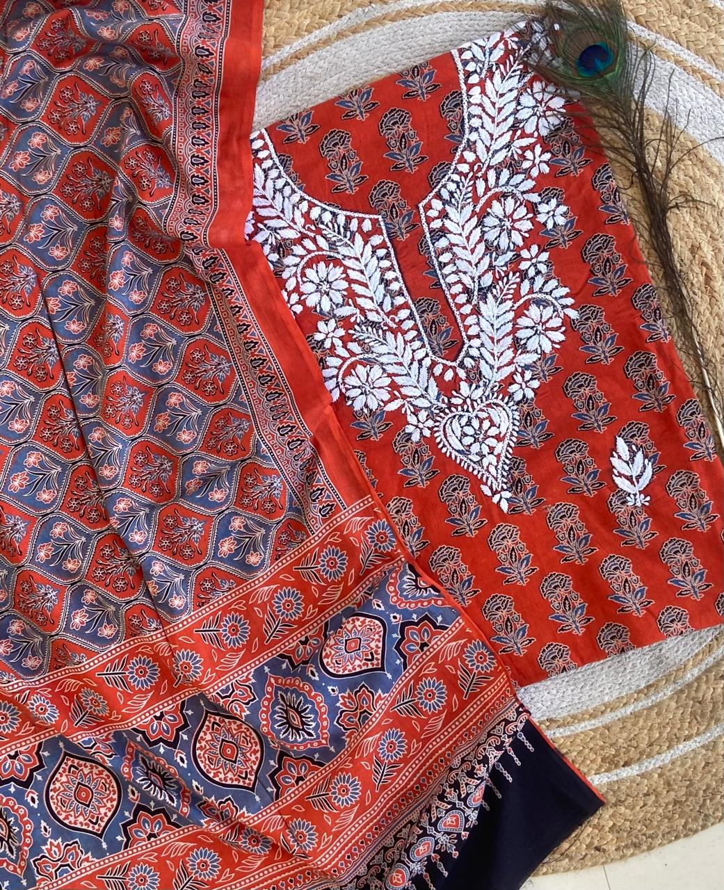 Chikankari Work Ajrakh Dupatta Suit