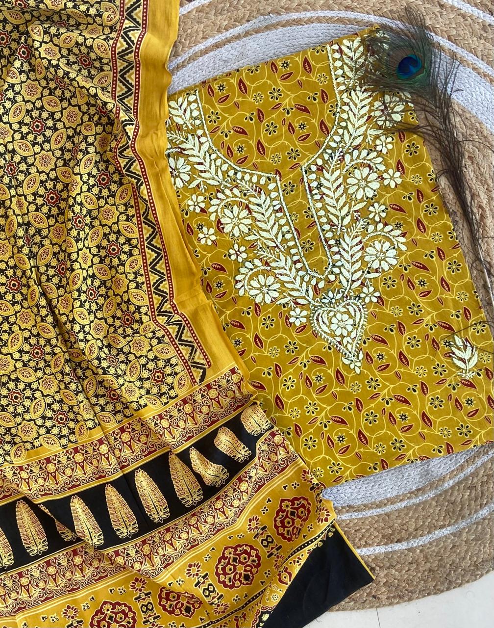 Chikankari Work Ajrakh Dupatta Suit